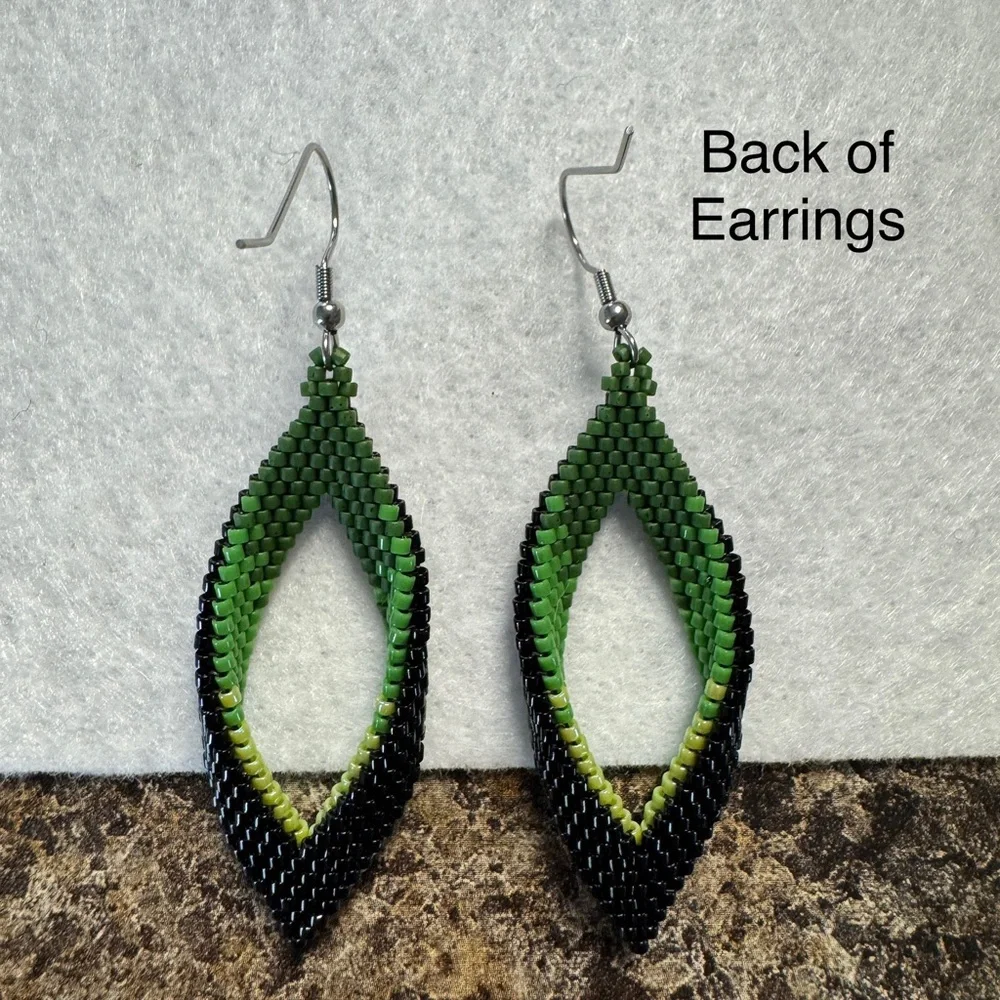 Green Black Folded Leaf Petal Seed Bead‎ Earrings Handmade Elegant Jewelry